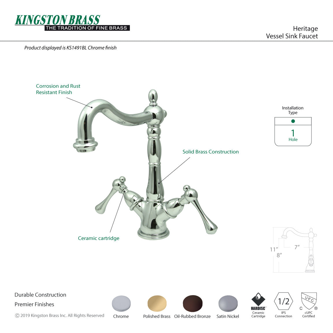 Kingston Tulare KS1498BL - Heritage Two-Handle 1-or-3 Hole Deck Mount Vessel Faucet, Brushed Nickel — thumbnail 2